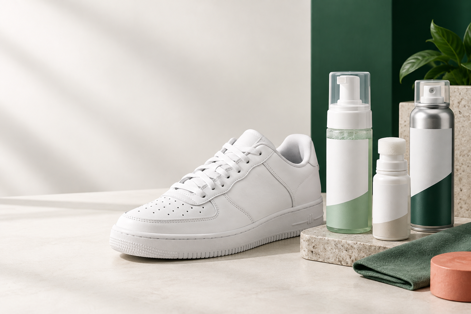 Biały sneaker oraz trzy nieoznaczone produkty do czyszczenia, odnowy koloru i ochrony obuwia